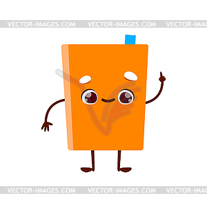 Cartoon textbook character pointing with finger - vector image