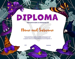 Kids diploma with Halloween ghosts, witch hats - vector clipart / vector image