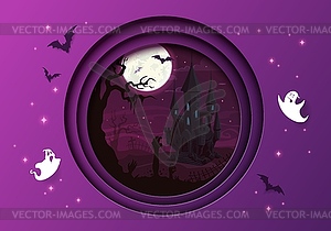 Halloween paper cut with castle and flying ghosts - vector clipart