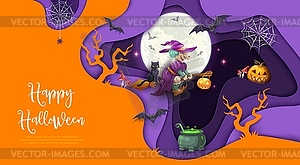 Halloween paper cut witch on boom character - vector clip art