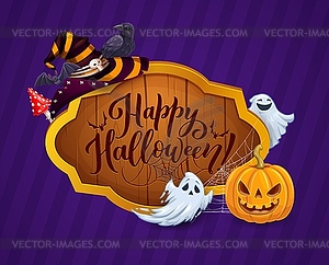 Halloween banner wood sign, witch hat and pumpkin - vector image