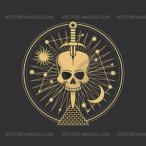 Occult pentagram, skull and pyramid, magic tarot - vector image