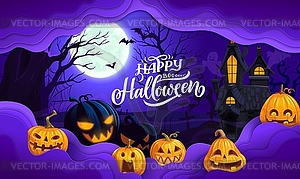 Дизайн плаката с вырезанными из бумаги мультяшными тыквами на Хэллоуин - векторное графическое изображение
