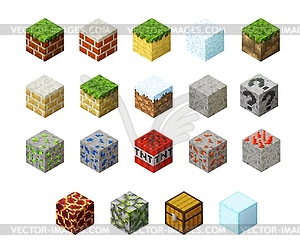 Pixel game blocks of stone, ice, water and sand - vector clipart