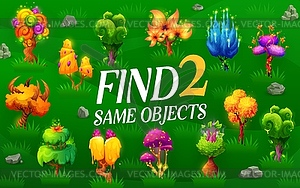 Find two same fantasy magic trees game worksheet - vector image