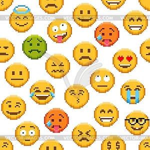 Pixel emoji seamless pattern, repeated background - vector clipart