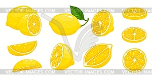 Cartoon lemon fruit slices cut and whole with leaf - vector image