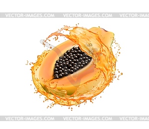 Papaya fruit with juice splash, ripe half slice - vector clipart