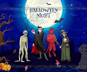 Halloween night, cartoon eerie characters - vector image