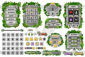 Игровой интерфейс Jungle stones, мультяшные элементы графического интерфейса - векторный клипарт