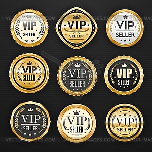 VIP seller golden badges, premium quality labels - vector image