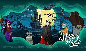 Cartoon halloween characters, paper cut landscape - vector clipart