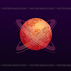 Cartoon red space planet with craters and rings - vector image