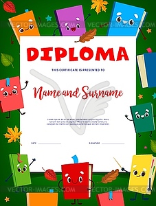 Kids diploma cartoon cute school textbooks, frame - vector image