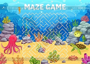 Labyrinth maze game, cartoon underwater landscape - vector image