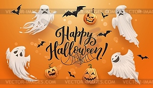 Halloween holiday poster with ghosts and pumpkins - vector image