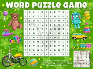 Cartoon kids toys word search puzzle worksheet - vector image