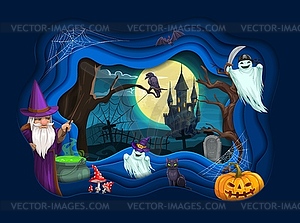 Halloween paper cut landscape, wizard, ghosts - vector clip art