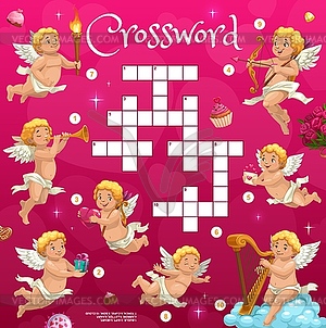 Crossword grid quiz, cartoon Valentine day cupids - vector clipart