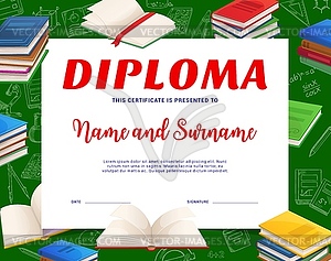 Kids school diploma with books and textbooks - vector EPS clipart