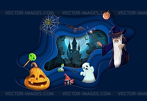 Halloween paper cut cartoon wizard and pumpkin - vector image