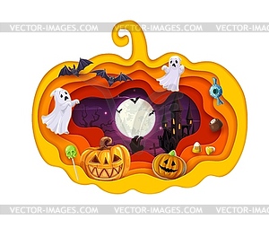 Halloween paper cut pumpkin with ghosts and castle - vector clipart