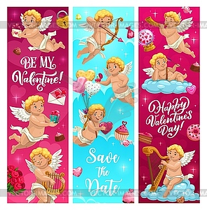 Valentine holiday banners, cupids angels, hearts - royalty-free vector clipart