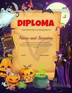 Kids Halloween diploma with holiday characters - vector image