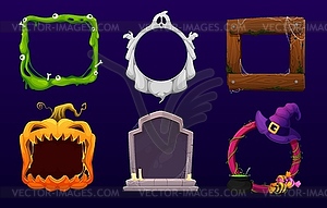 Рамка на Хэллоуин с мультяшным призраком, могилой, тыквой - векторный графический клипарт