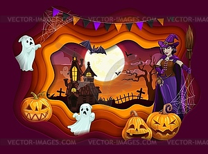 Halloween paper cut cartoon witch, pumpkin, ghosts - vector clip art