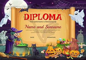 Halloween kids diploma with cartoon witch, candies - vector image