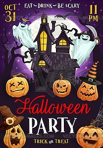 Halloween flyer with pumpkin, ghost and castle - vector clip art
