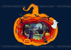 Halloween paper cut cartoon witch and magic potion - vector clipart