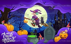 Halloween paper cut witch on cemetery landscape - color vector clipart