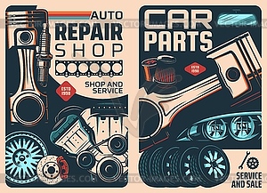 Spare parts shop and car service retro posters - vector clip art