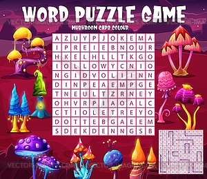 Word search puzzle, quiz game with alien mushrooms - stock vector clipart