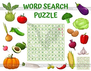 Raw farm vegetables, word search puzzle game quiz - vector clipart