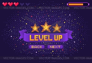 Level up 8bit game, console or arcade pixel screen - vector clipart