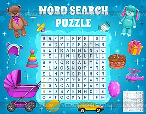 Cartoon kid toys word search puzzle worksheet game - vector image