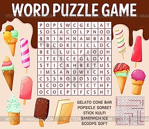 Ice cream cones and desserts, word search puzzle - vector clipart