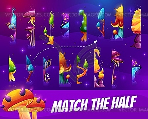 Match half of magic mushrooms kids game worksheet - royalty-free vector image