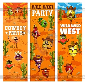 Western cowboy fruit characters vertical banners - vector clipart