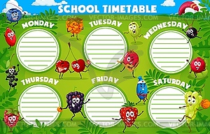 Education timetable with cartoon berry characters - vector image