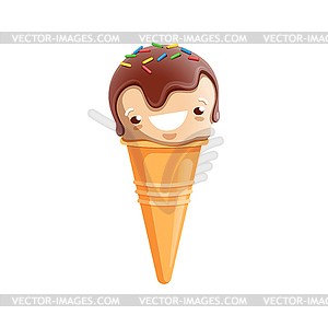 Cartoon ice cream character. Kawaii waffle cone - color vector clipart