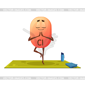 Cartoon cheerful chlorium mineral character yoga - vector image