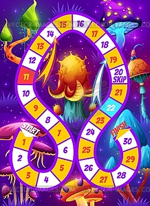 Kids board game with magic mushrooms in forest - vector clip art