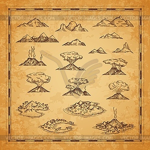 Vintage map islands, mountains, volcanoes sketches - vector image