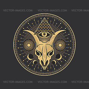 Pentagram occult magic circle, goat skull, pyramid - color vector clipart