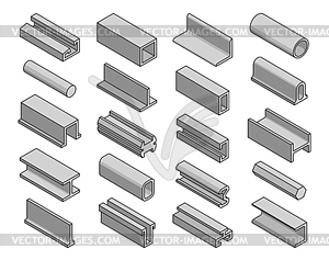 Steel products, iron profile metal beams and pipes - vector image