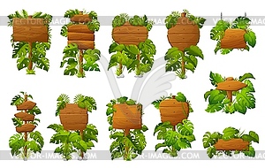 Wooden signs and boards in tropical jungle leaves - vector image